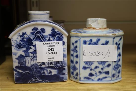 Two Chinese enamel tea caddies and three porcelain caddies largest 11cm